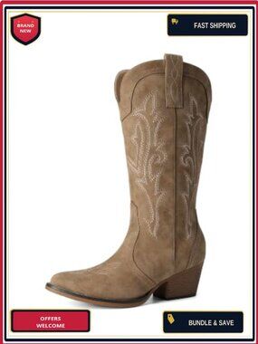 Women's Cowboy Western Boots Embroidered Pointed Toe Faux Leather Mid Calf